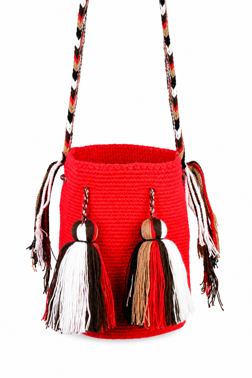 Red Handmade Wayuu Mochila Bag with Multicolour Strap and Tassels