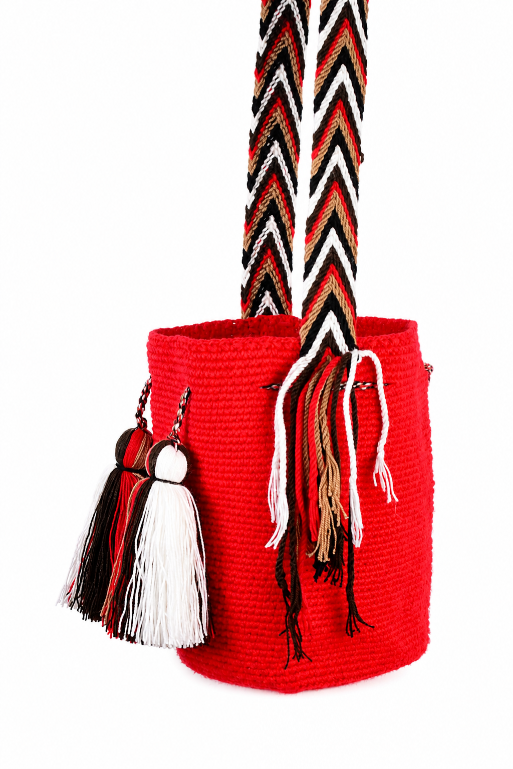 Red Handmade Wayuu Mochila Bag with Multicolour Strap and Tassels