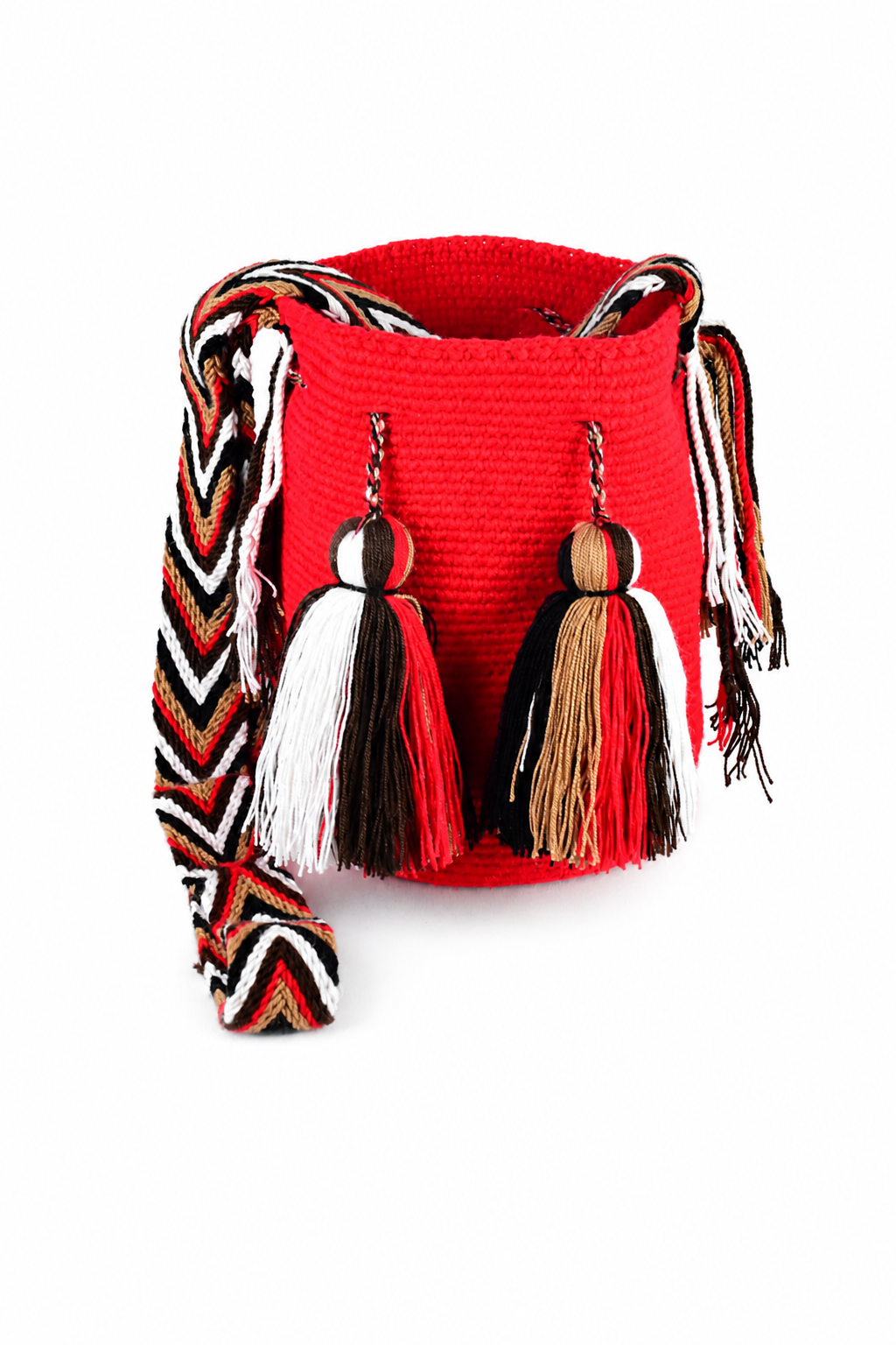 Red Handmade Wayuu Mochila Bag with Multicolour Strap and Tassels