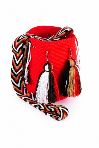 Red Handmade Wayuu Mochila Bag with Multicolour Strap and Tassels