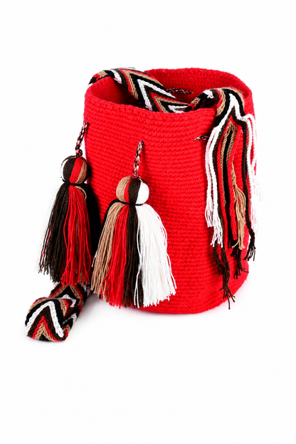 Red Handmade Wayuu Mochila Bag with Multicolour Strap and Tassels
