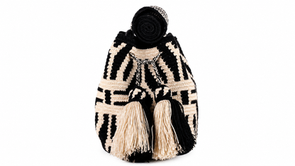Black and Cream Handmade Wayuu Mochila Shoulder Bag with Geometric Pattern