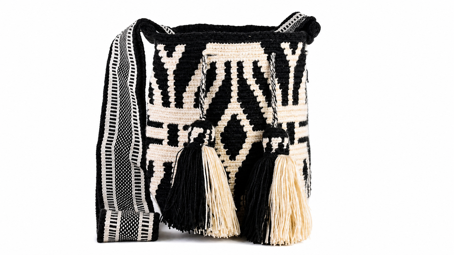 Black and Cream Handmade Wayuu Mochila Shoulder Bag with Geometric Pattern