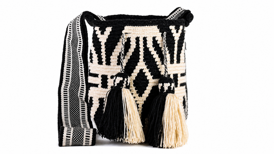 Black and Cream Handmade Wayuu Mochila Shoulder Bag with Geometric Pattern