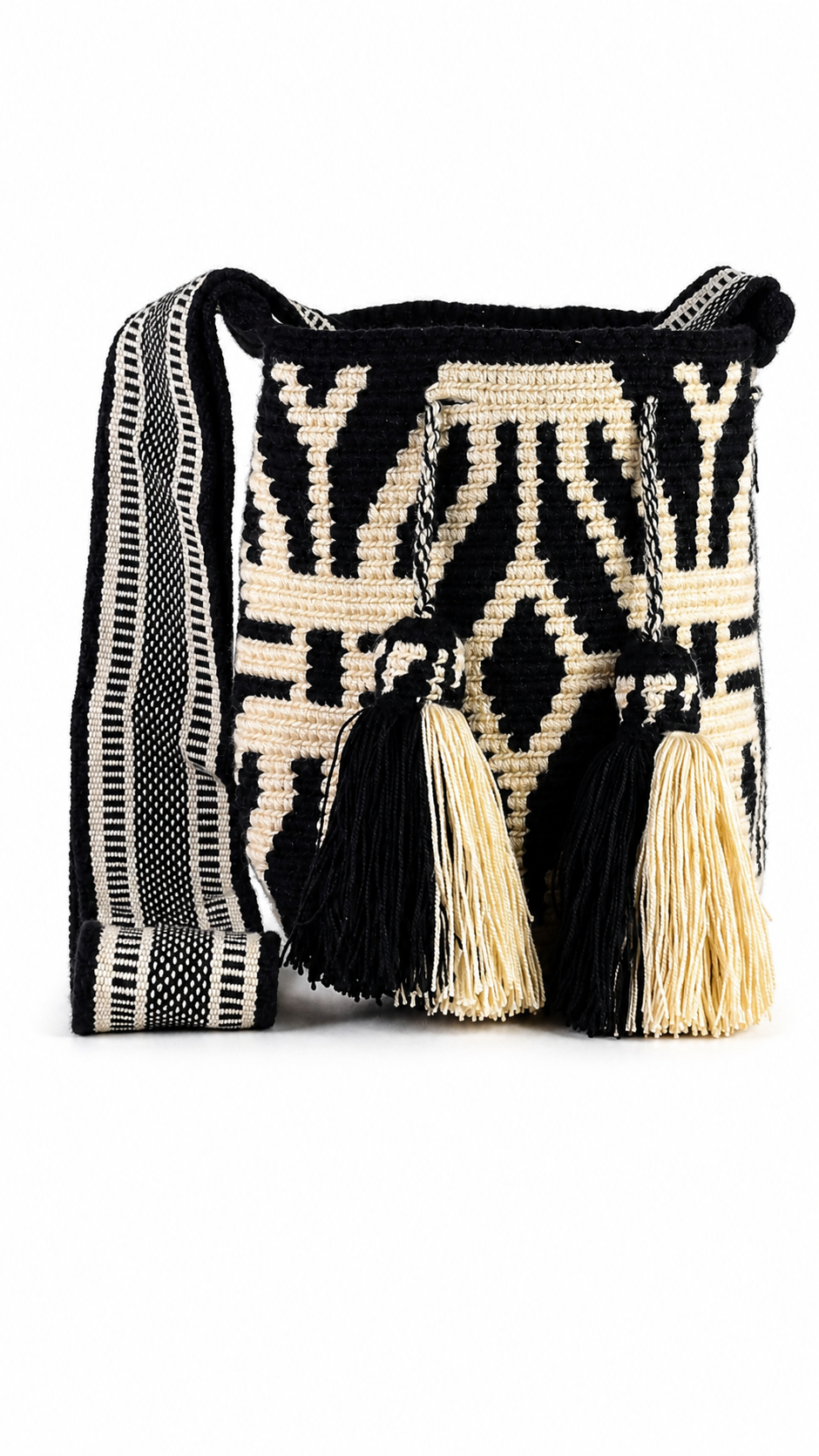 Black and Cream Handmade Wayuu Mochila Shoulder Bag with Geometric Pattern
