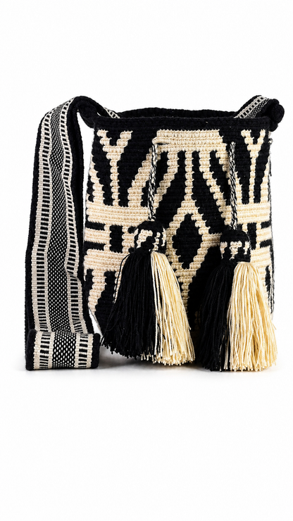 Black and Cream Handmade Wayuu Mochila Shoulder Bag with Geometric Pattern