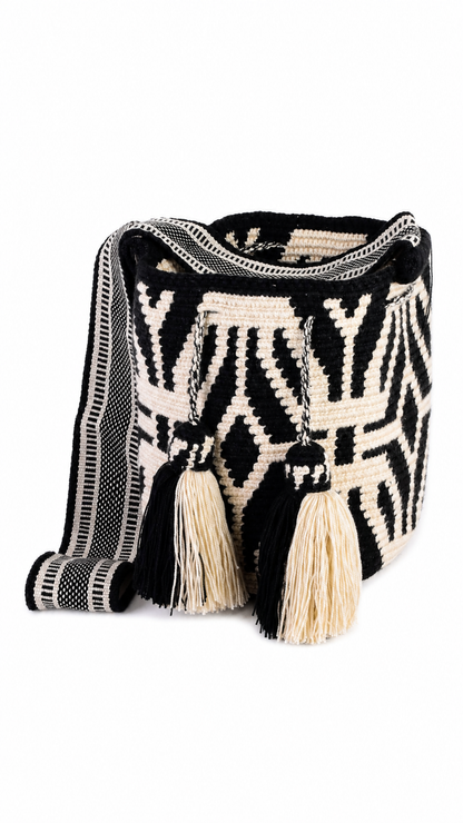 Black and Cream Handmade Wayuu Mochila Shoulder Bag with Geometric Pattern