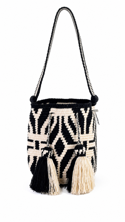 Black and Cream Handmade Wayuu Mochila Shoulder Bag with Geometric Pattern