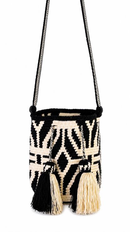 Black and Cream Handmade Wayuu Mochila Shoulder Bag with Geometric Pattern