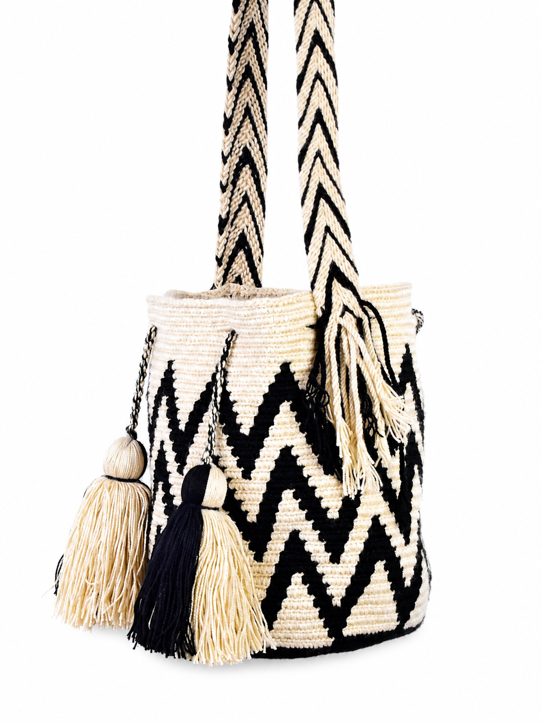 Black and Cream Handmade Wayuu Mochila Bag with Geometric Pattern