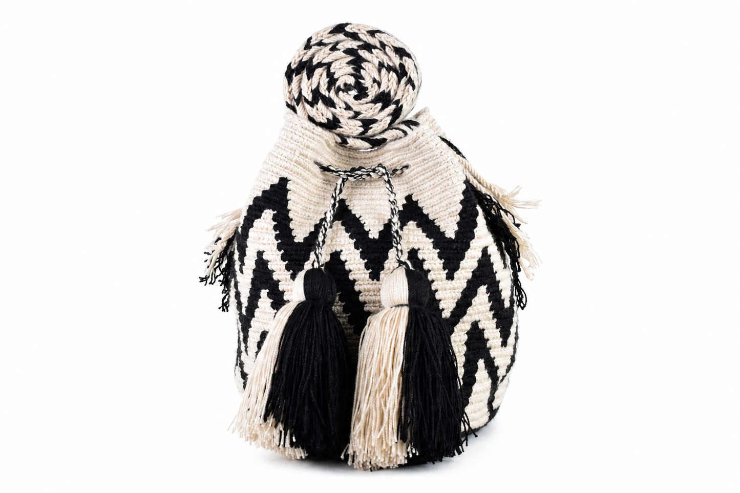 Black and Cream Handmade Wayuu Mochila Bag with Geometric Pattern