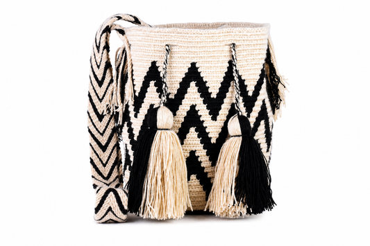Black and Cream Handmade Wayuu Mochila Bag with Geometric Pattern