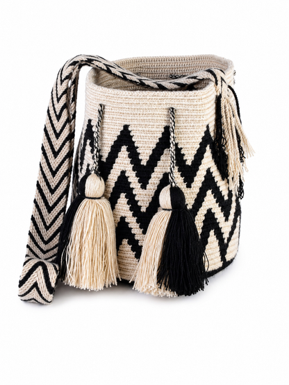 Black and Cream Handmade Wayuu Mochila Bag with Geometric Pattern