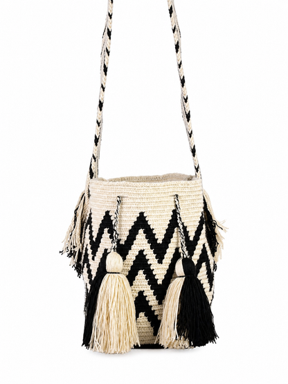 Black and Cream Handmade Wayuu Mochila Bag with Geometric Pattern