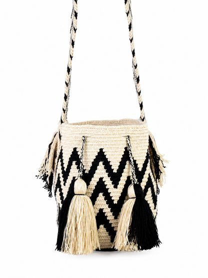 Black and Cream Handmade Wayuu Mochila Bag with Geometric Pattern
