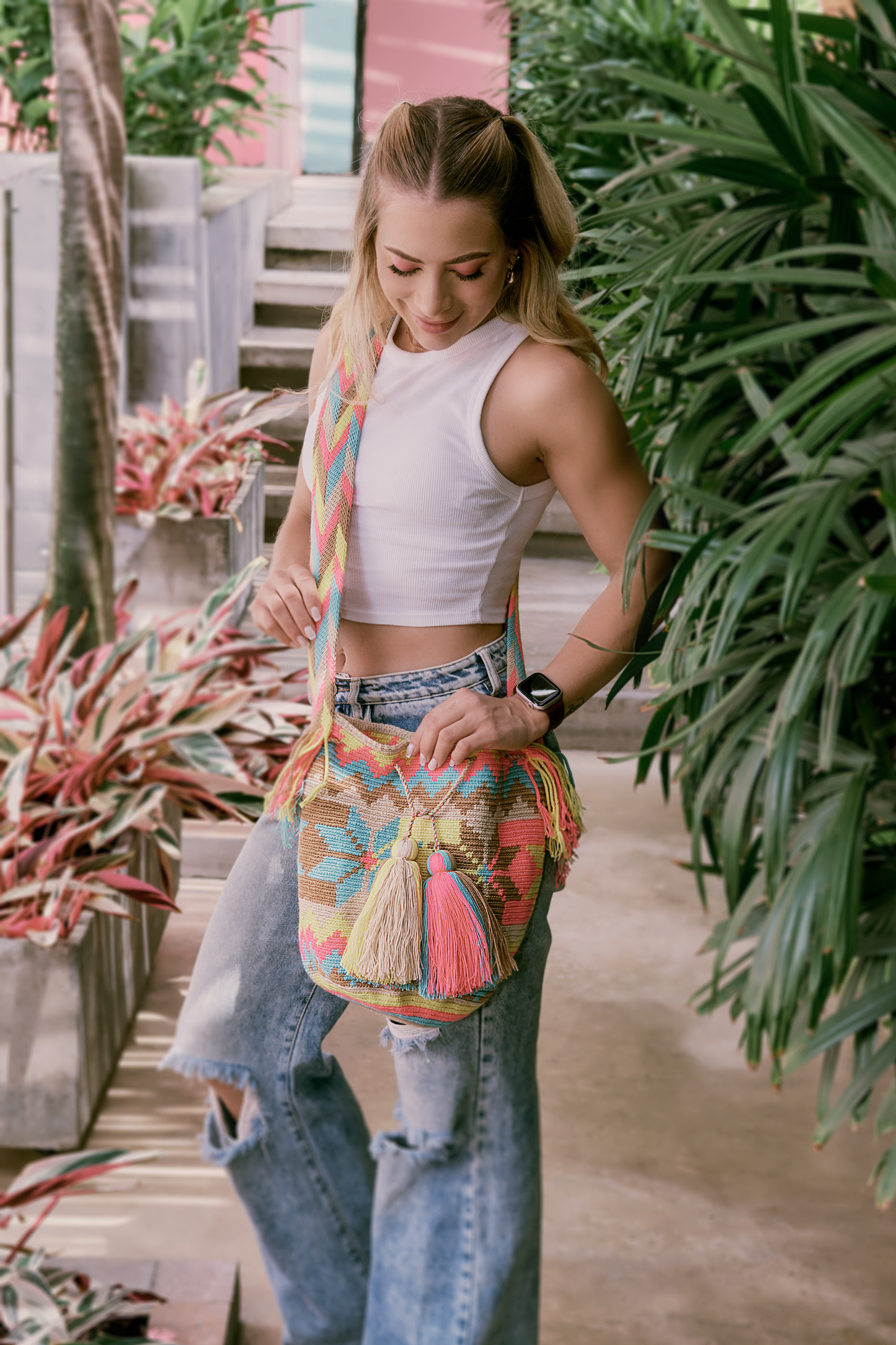 Handmade Pink Wayuu Bag Multi Colour Handle