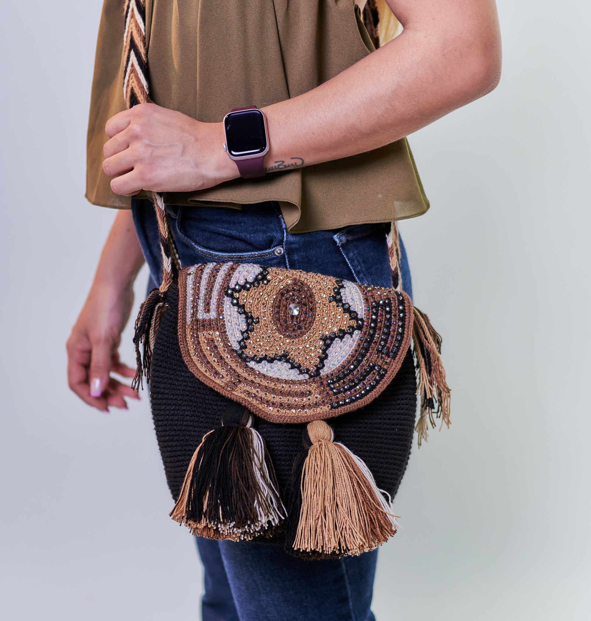 Crochet Black Handbag with Gem Patterned Flap and Tassels
