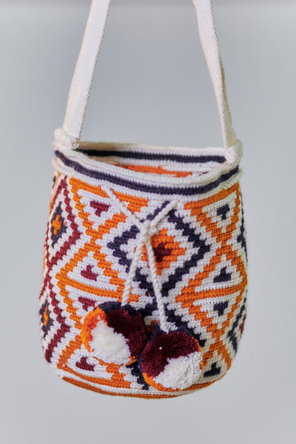 Medium Patterned Crochet Bag with Pom Poms