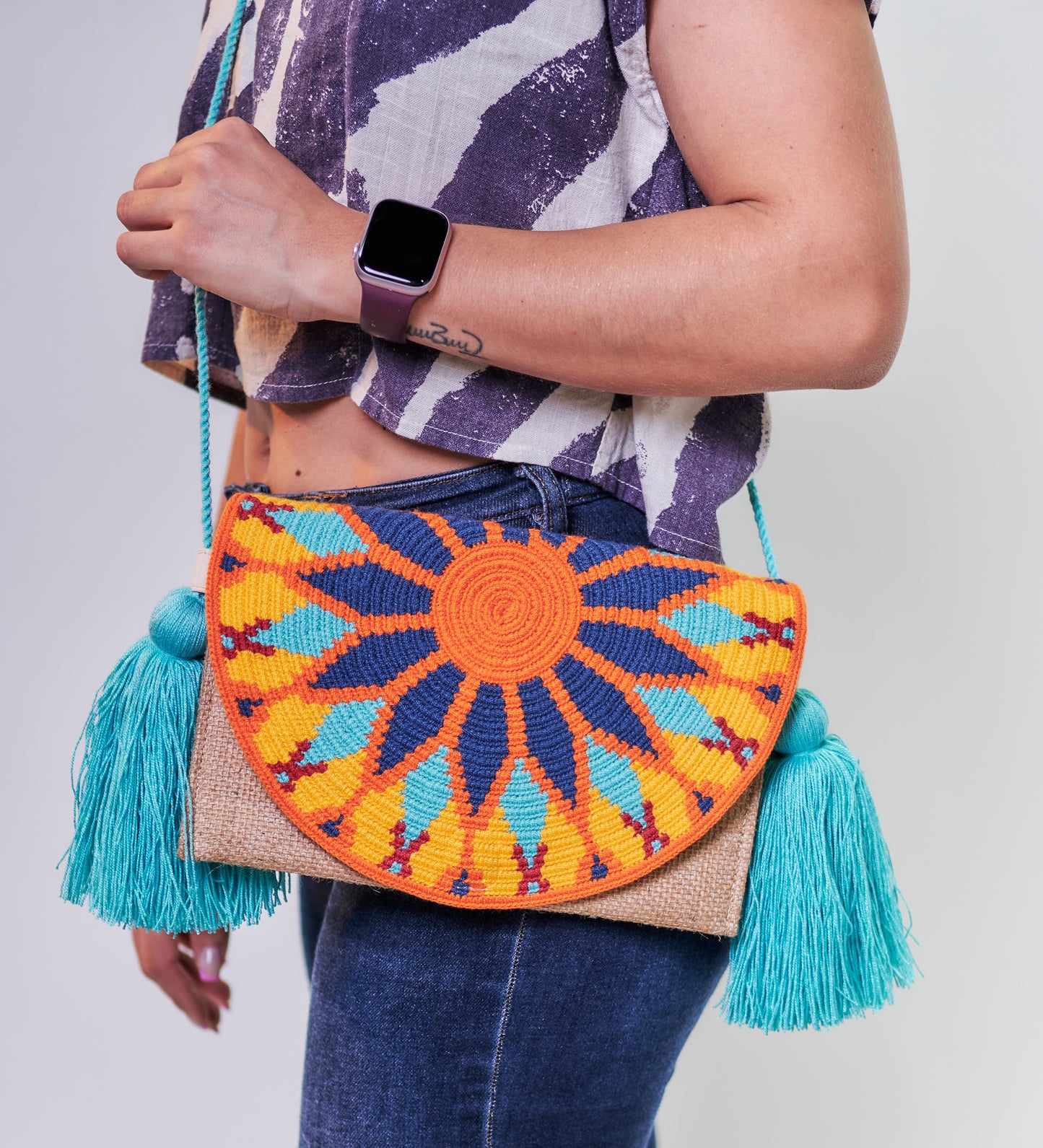 Handmade Natural Fibre Sling Bag with Flower Pattern