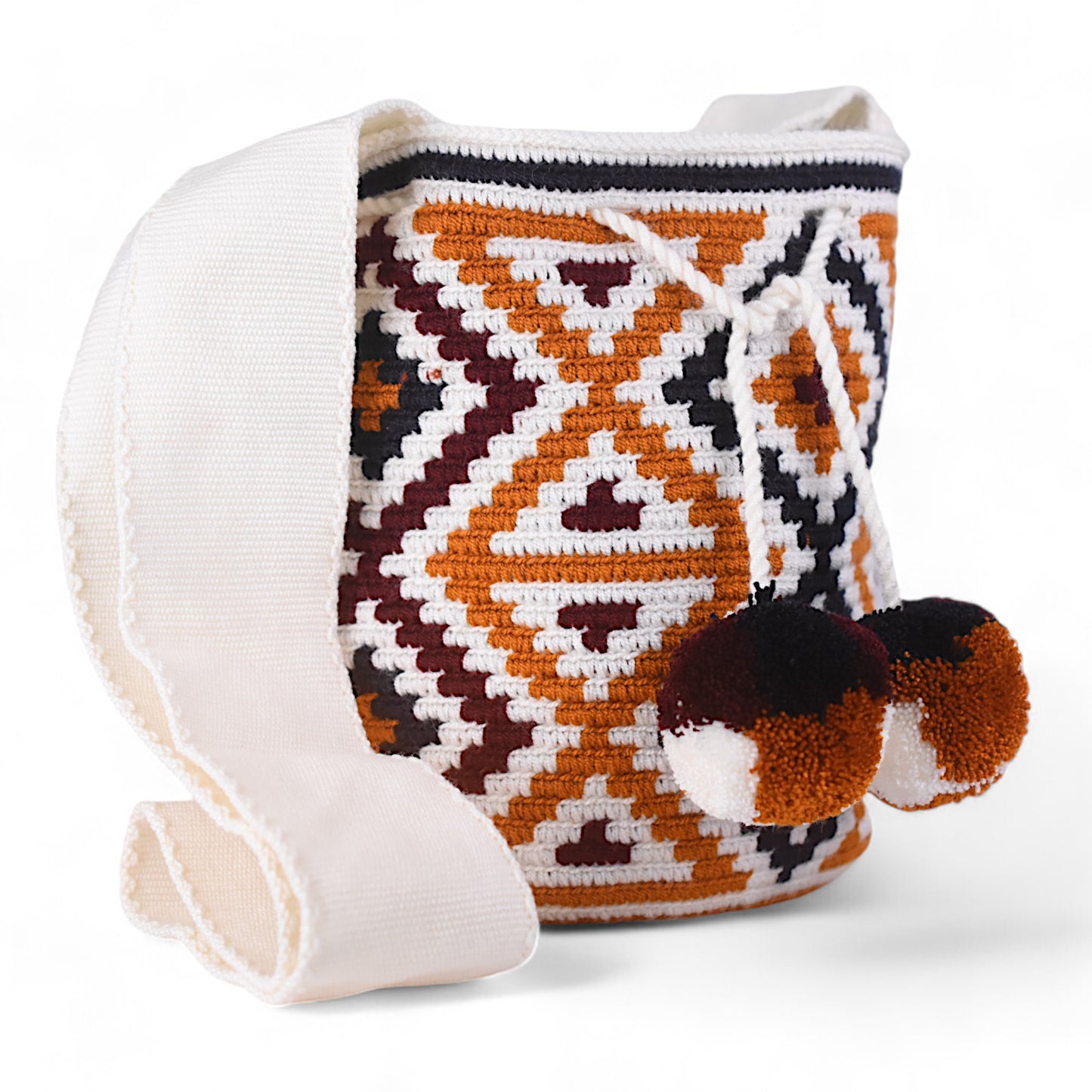 Medium Patterned Crochet Bag with Pom Poms
