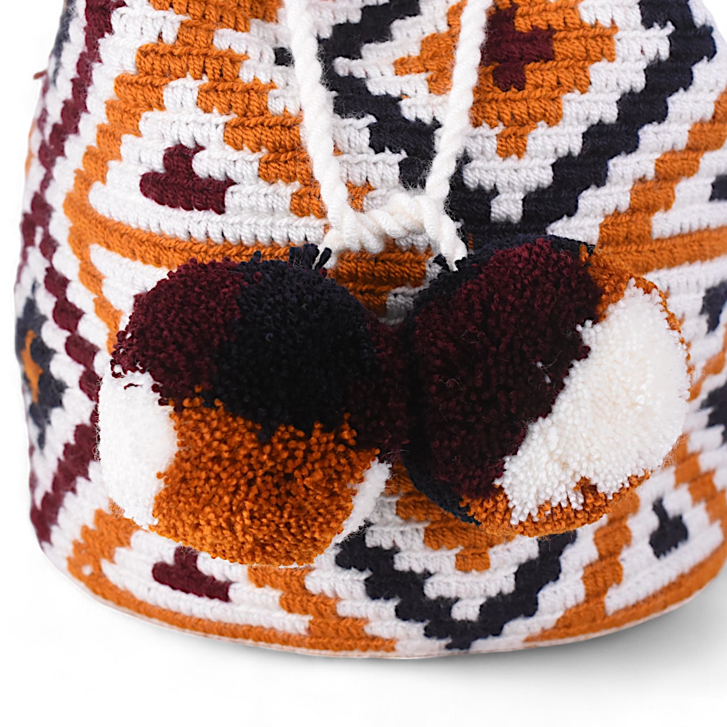 Medium Patterned Crochet Bag with Pom Poms