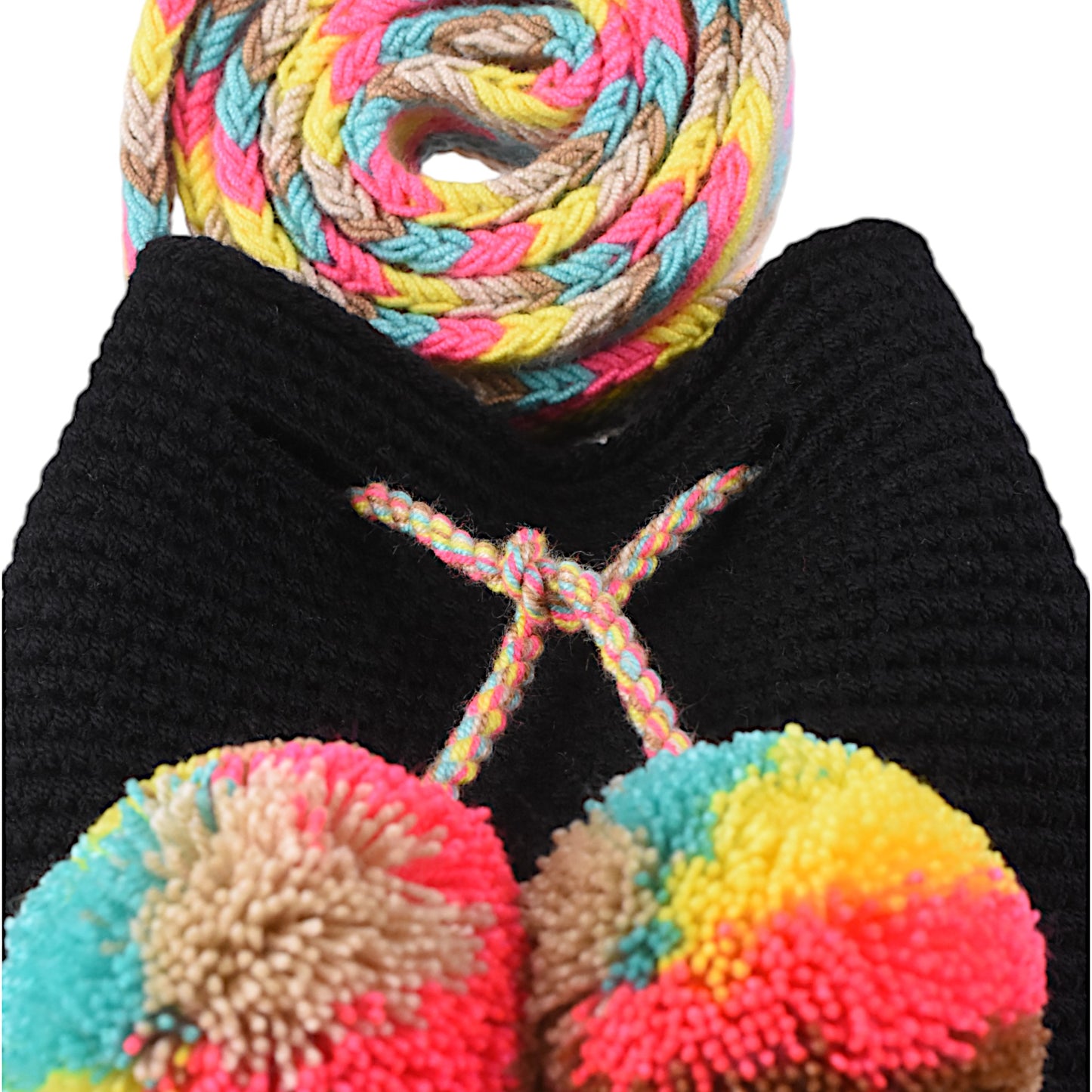 Medium Black Handbag with Multi-coloured Pom Poms