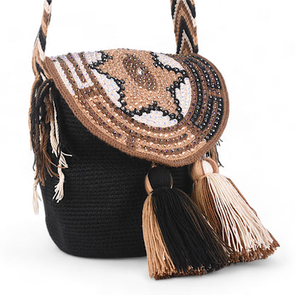 Medium Black Wayuu Bag with Gem Patterned Flap