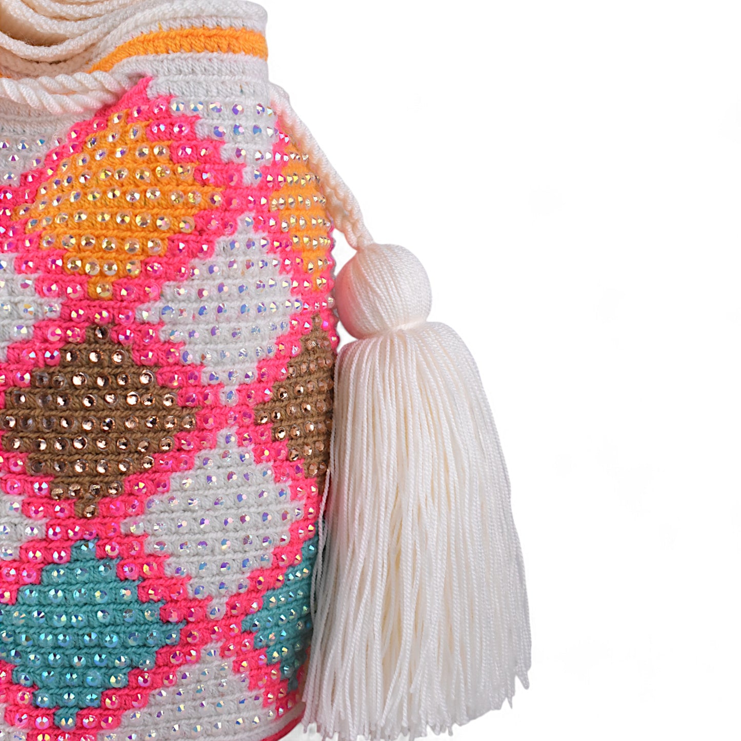 Medium Handmade White Patterned Mochila with Gems