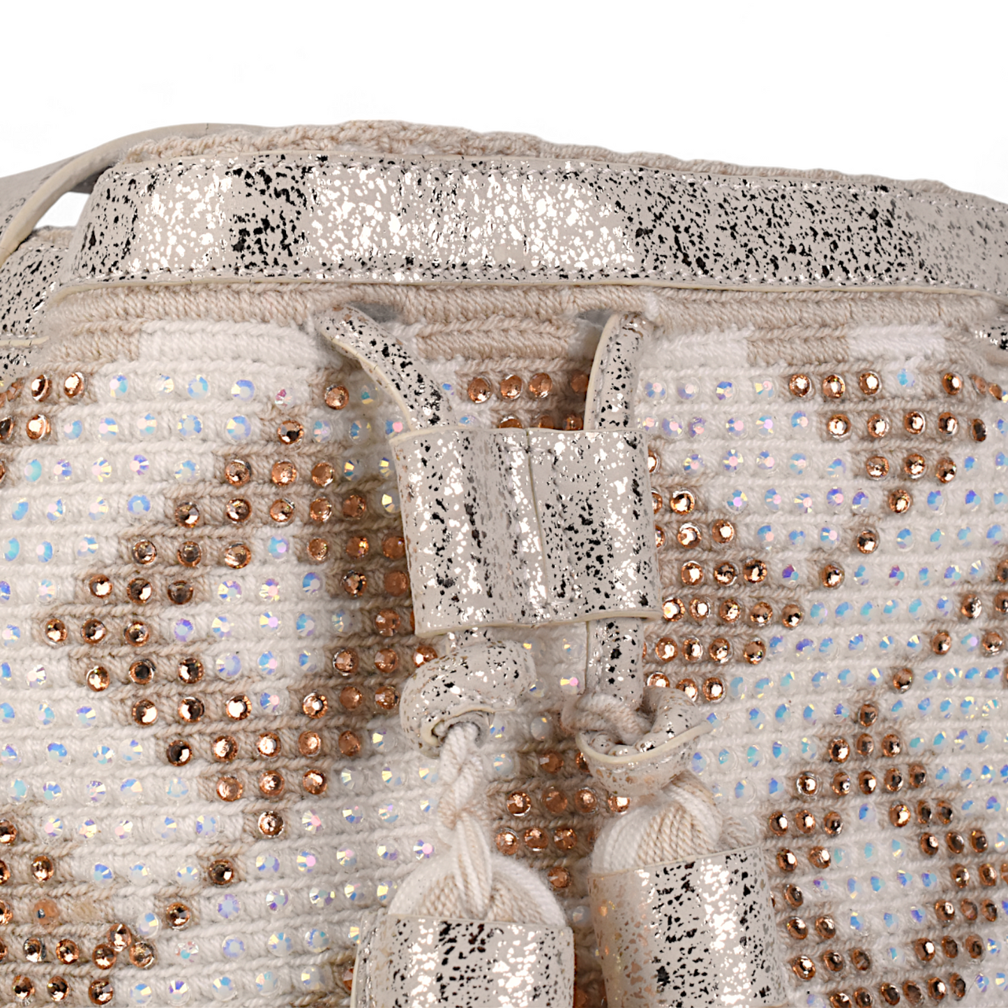 Handmade Leather Wayuu Bag - Cream and Gold with Gems