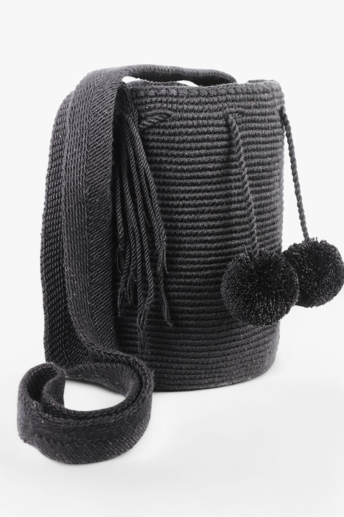 Medium Black Wayuu Bag with Pom Poms