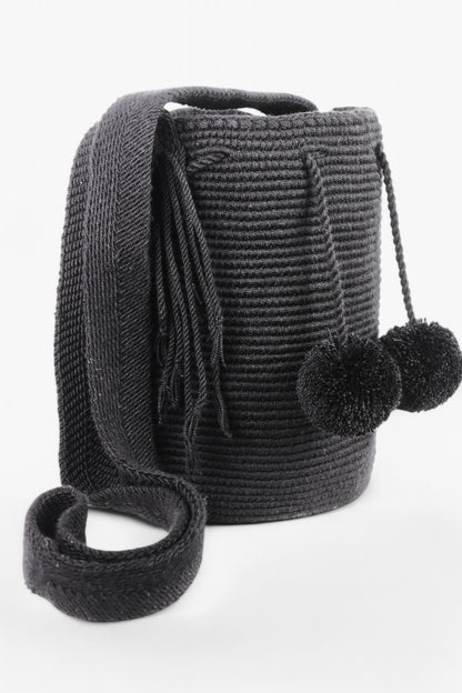 Medium Black Wayuu Bag with Pom Poms