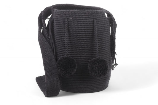 Medium Black Wayuu Bag with Pom Poms