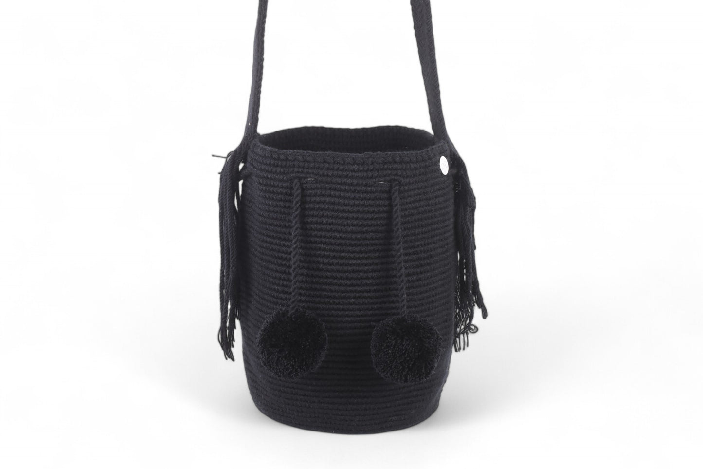 Medium Black Wayuu Bag with Pom Poms