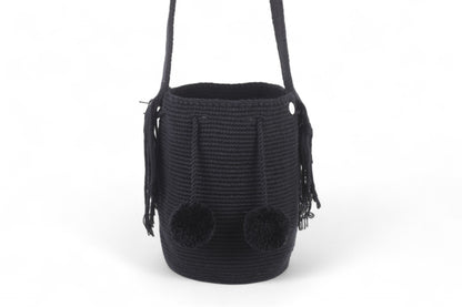 Medium Black Wayuu Bag with Pom Poms