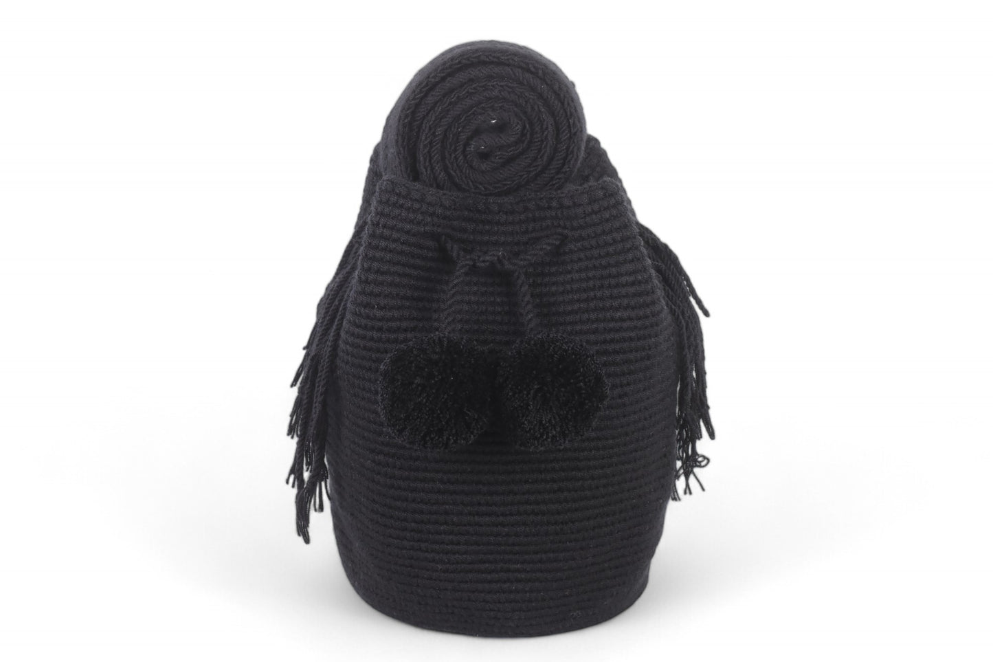 Medium Black Wayuu Bag with Pom Poms