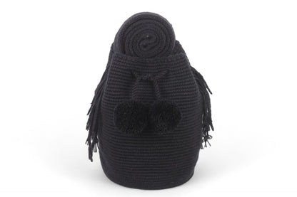 Medium Black Wayuu Bag with Pom Poms