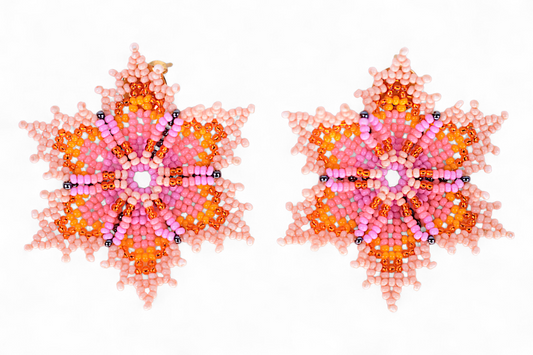 Large Pink Flower Beaded Earrings