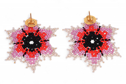 Red & Pearl Flower Beaded Earrings