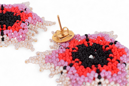 Red & Pearl Flower Beaded Earrings