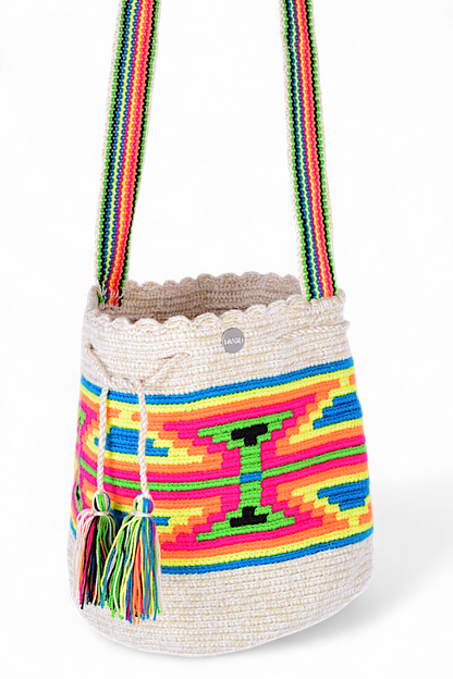 Medium Wayuu Bag with Neon Geometric Design
