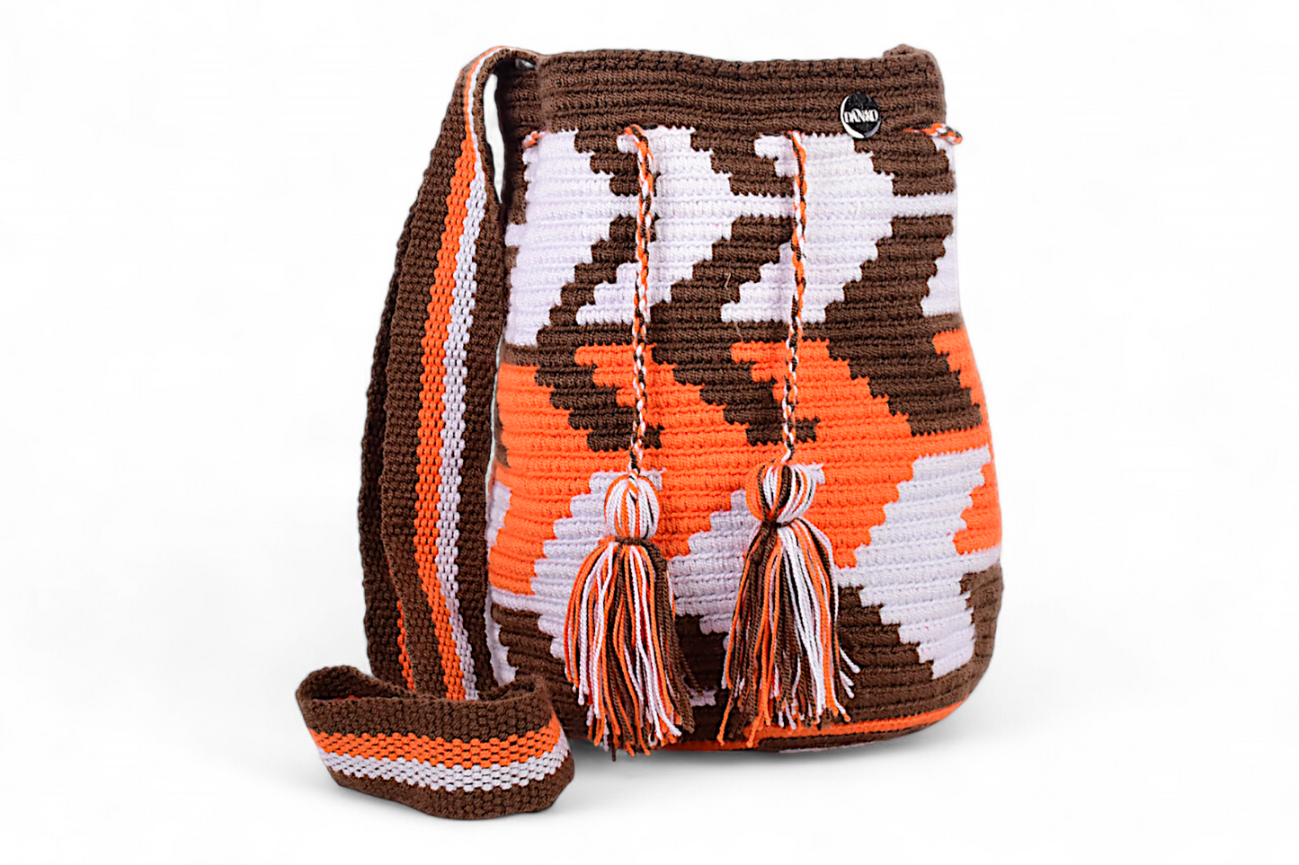 Medium Orange, White & Brown Crochet Bag