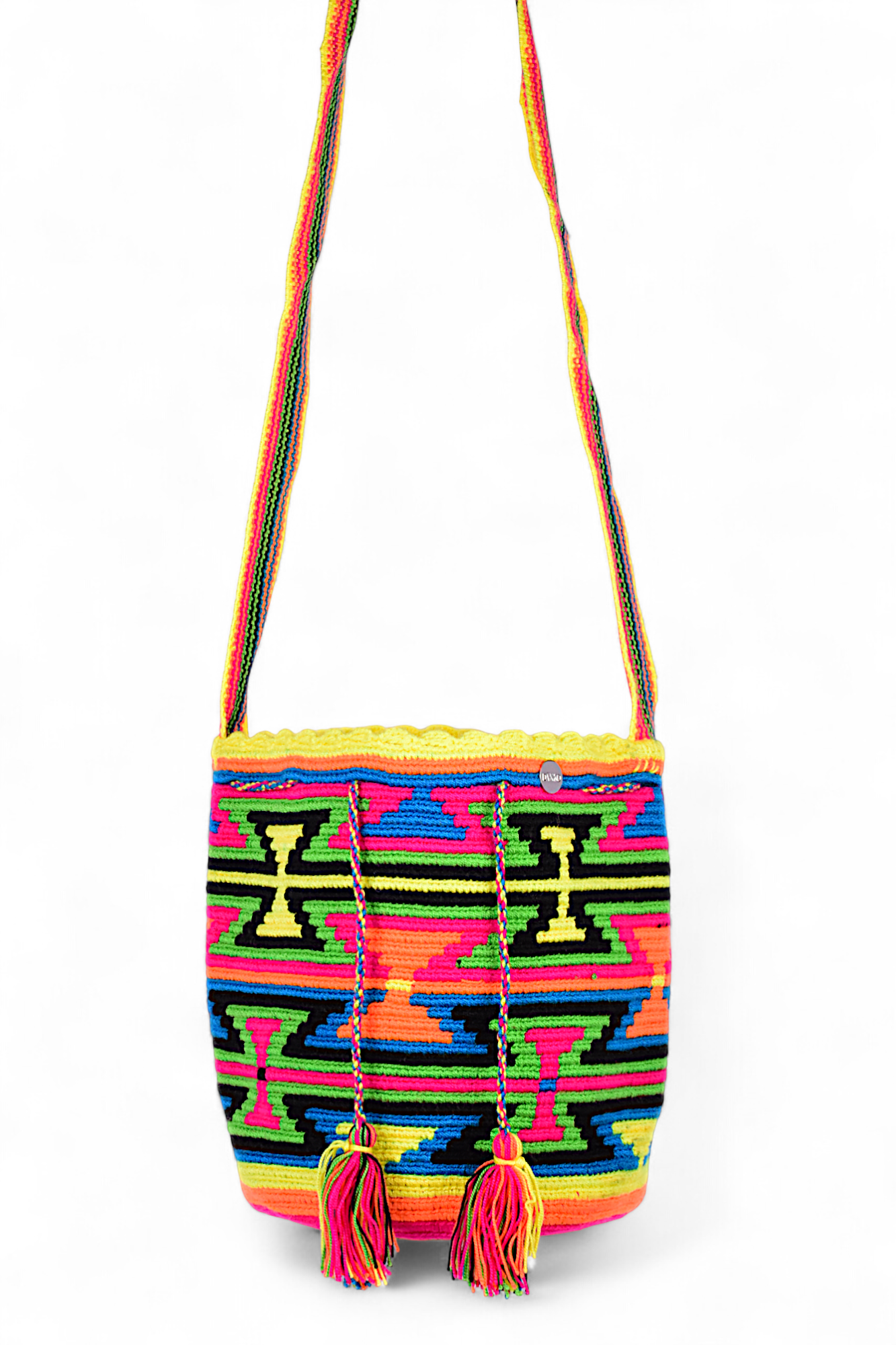 Boho Crochet Bucket Bag with a Vibrant Geometric Design