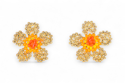 Small Flower Beaded Earrings - Gold