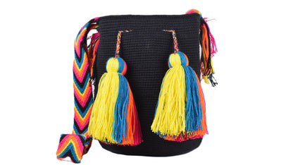 Black Handmade Wayuu Mochila Shoulder Bag with Rainbow Strap and Tassels