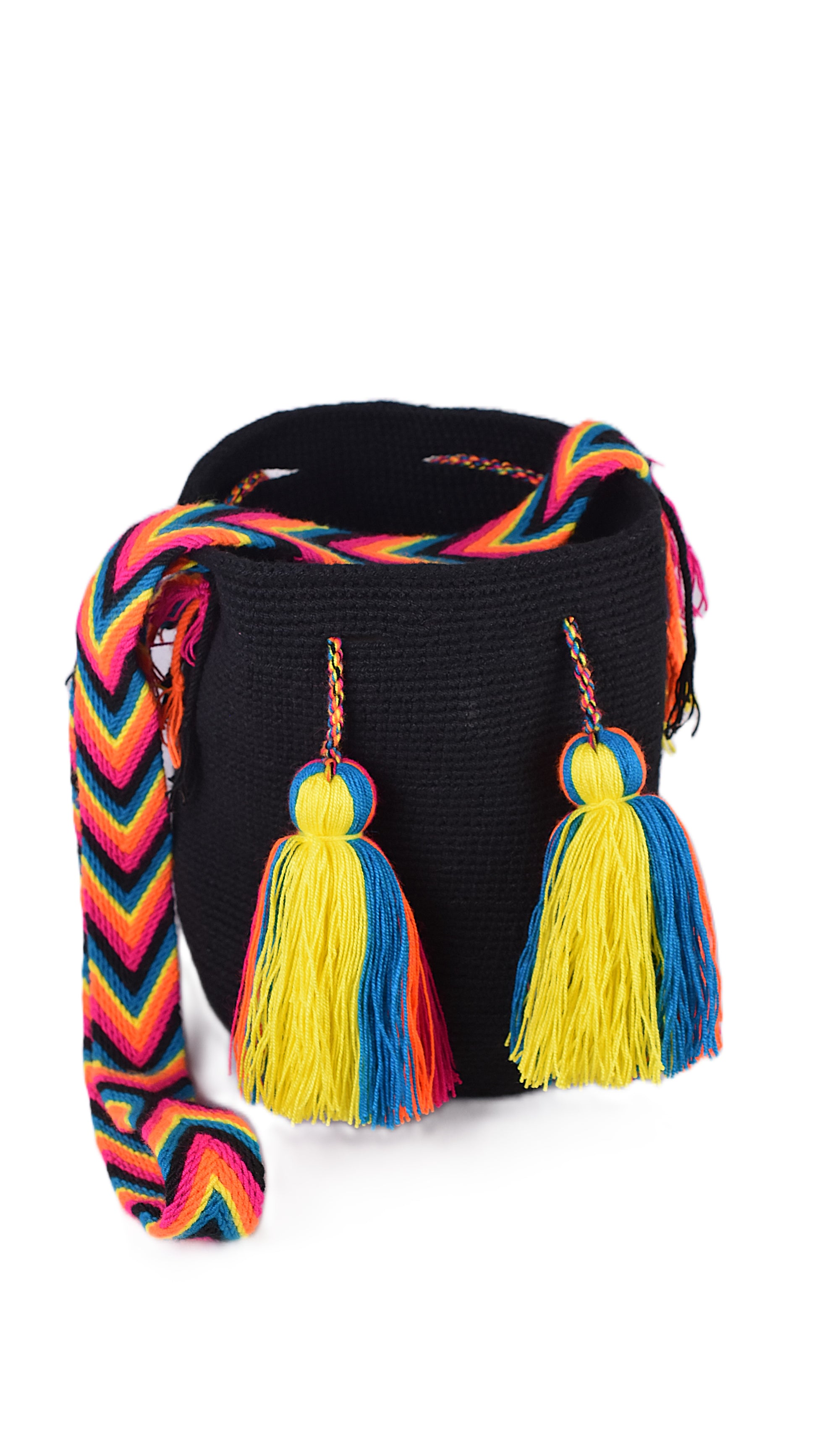Black bag with colorful strap and tassels on a white background
