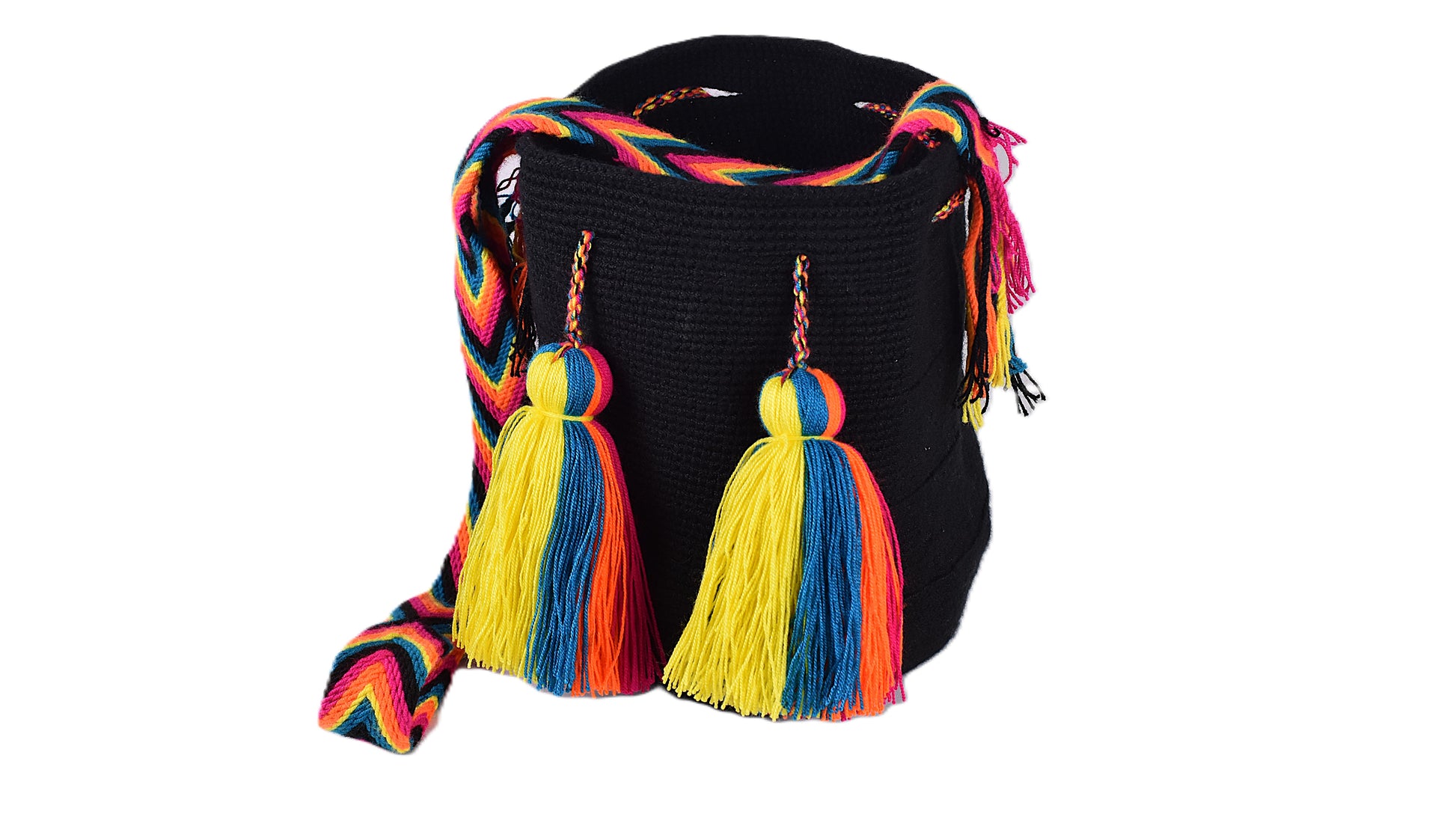 Black bag with colorful tassels and strap on a white background