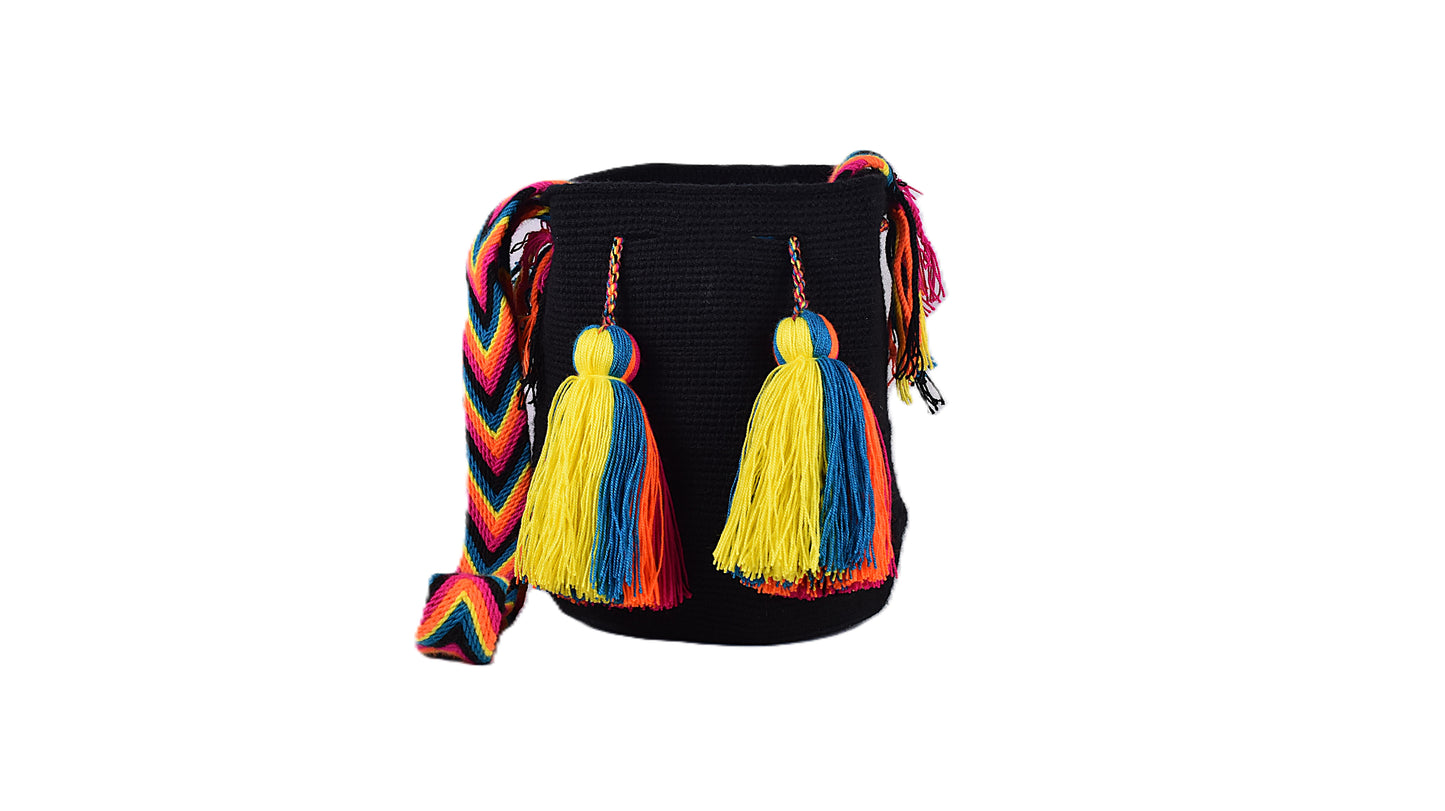 Black Handmade Wayuu Mochila Shoulder Bag with Rainbow Strap and Tassels