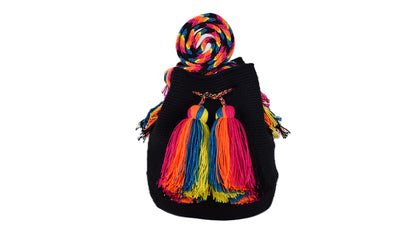 Black Handmade Wayuu Mochila Shoulder Bag with Rainbow Strap and Tassels