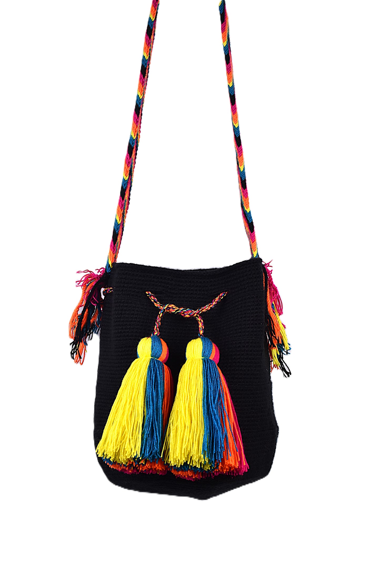 Black handbag with colorful tassels and strap on a white background