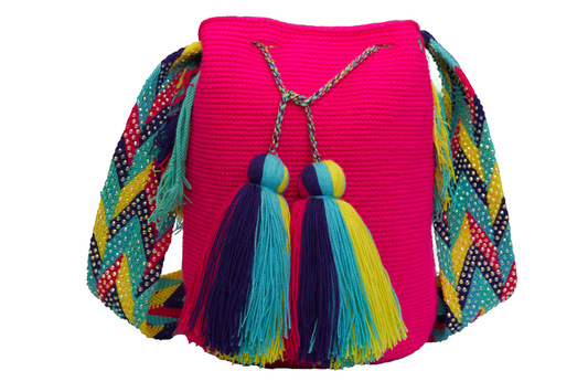 Pink Wayuu Bag with Multi Colour Gem Handel. The crochet bag also has two tassels